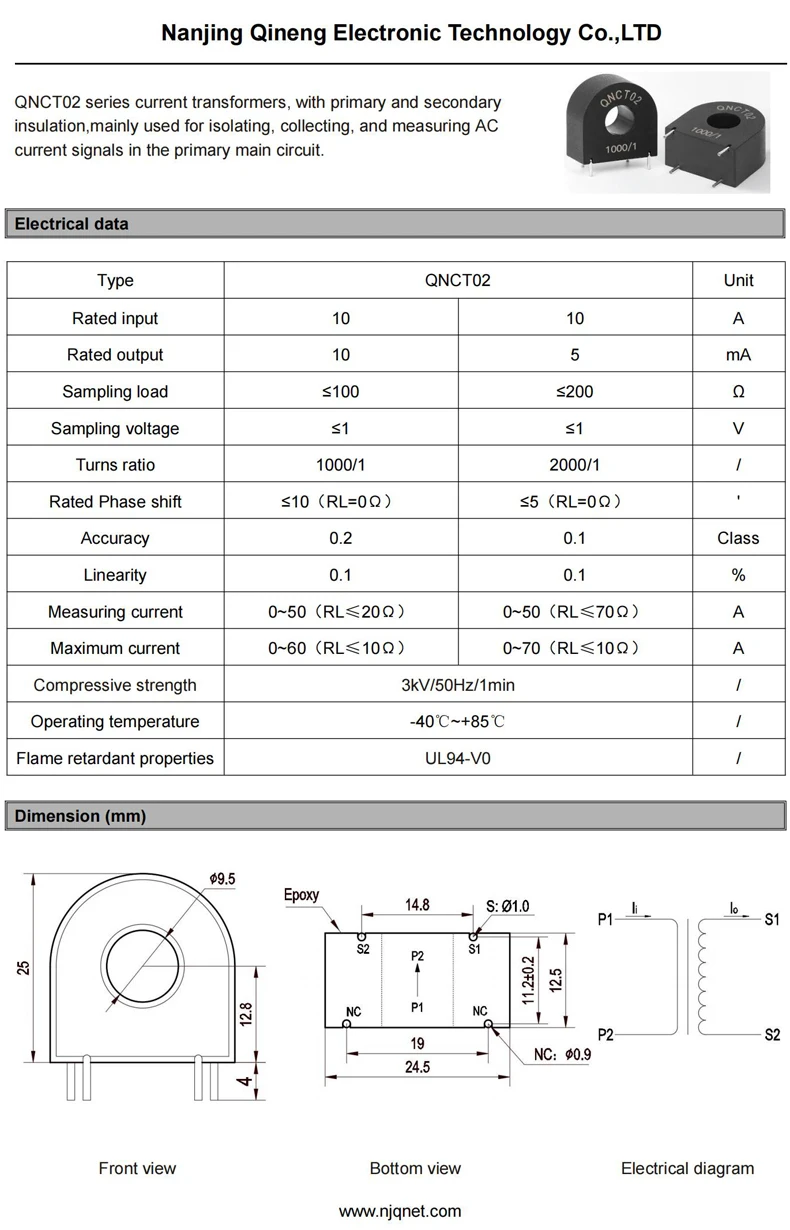 Pcb Mount Current Transformer CT QNCT02 10A/10mA 50A 25mA 10A/5mA 20A/20mA Small Current Transducer AC Precision Current Sensor