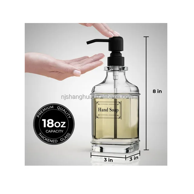 18oz Transparent Bathroom Accessory Refillable Packaging Thick Square Glass Soap Dispenser Bottle with Metal Pump