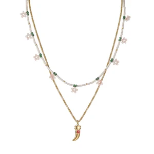 Fashion Double Layer Flower Charm Necklace Stainless Steel 18k Gold Plated Small Pearl Wolf Tooth Pendant Necklace for Women