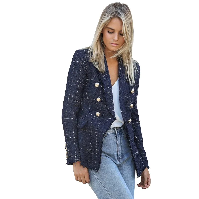 Vintage Double Breasted Frayed Checked Tweed Blazers Coat Women Fashion Pockets Plaid Ladies Outerwear Vintage Double Breasted Frayed Checked Tweed Blazers Coat Women Fashion Pockets Plaid Ladies Outerwear