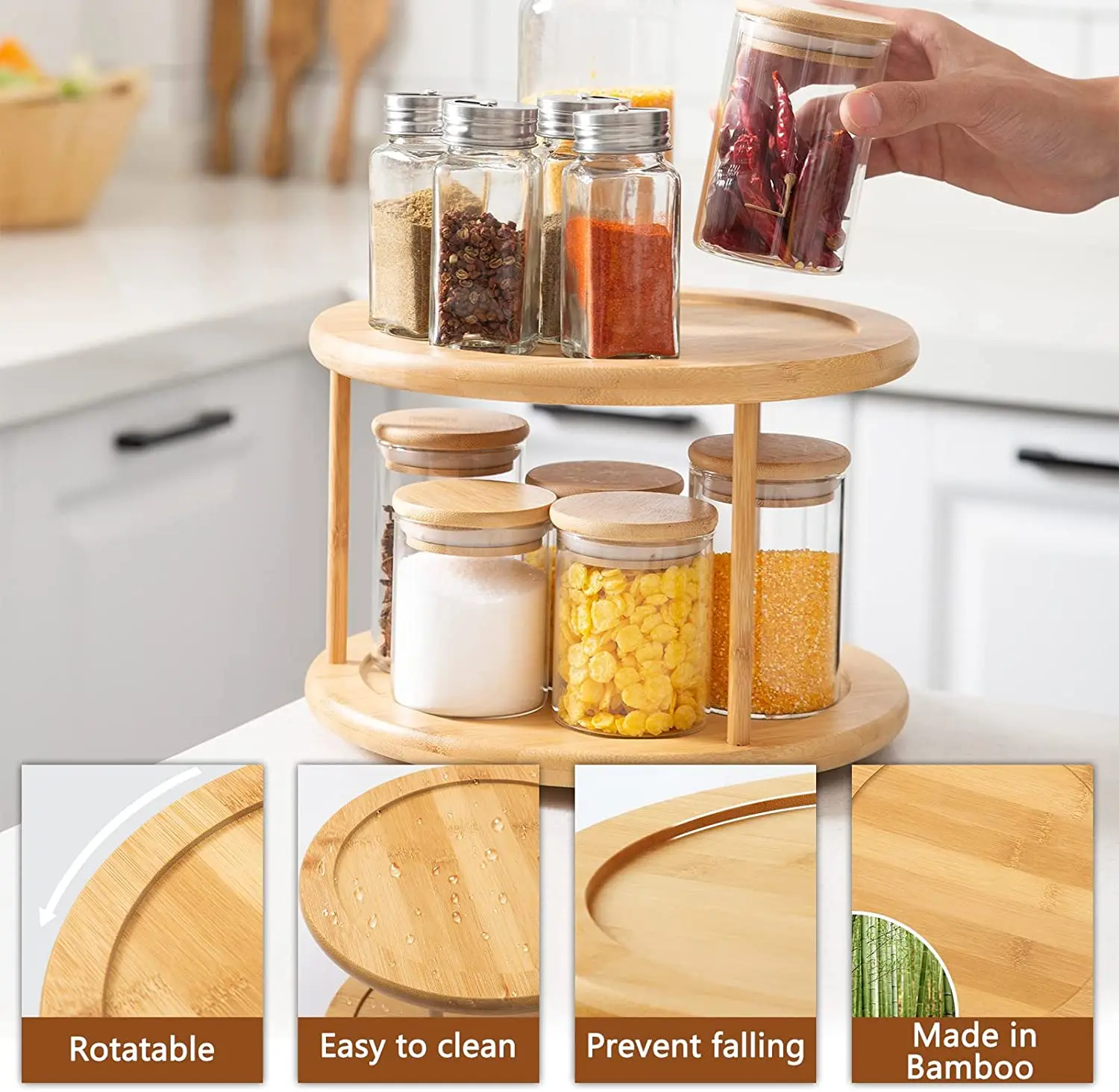 Balanced Smooth Spin Thicken Round Wood Tray Rotating Spice Rack for Kitchen Pantry Countertop Table 12 Premium Solid Bamboo Lazy Susan Wood Turntable Tray Cabinet Organizer 