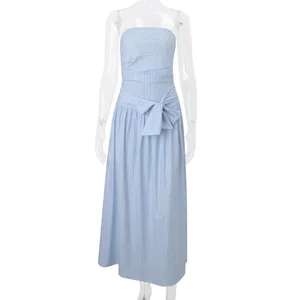 Preppy Style Striped Bowknot Sexy Strapless Long Dress 2026 Temperament Sweet Dress