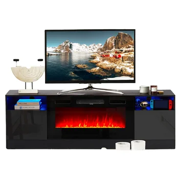 Modern High Gloss TV Stand with Electric Fireplace for TVs Up to 80", 750W/1500W, Black