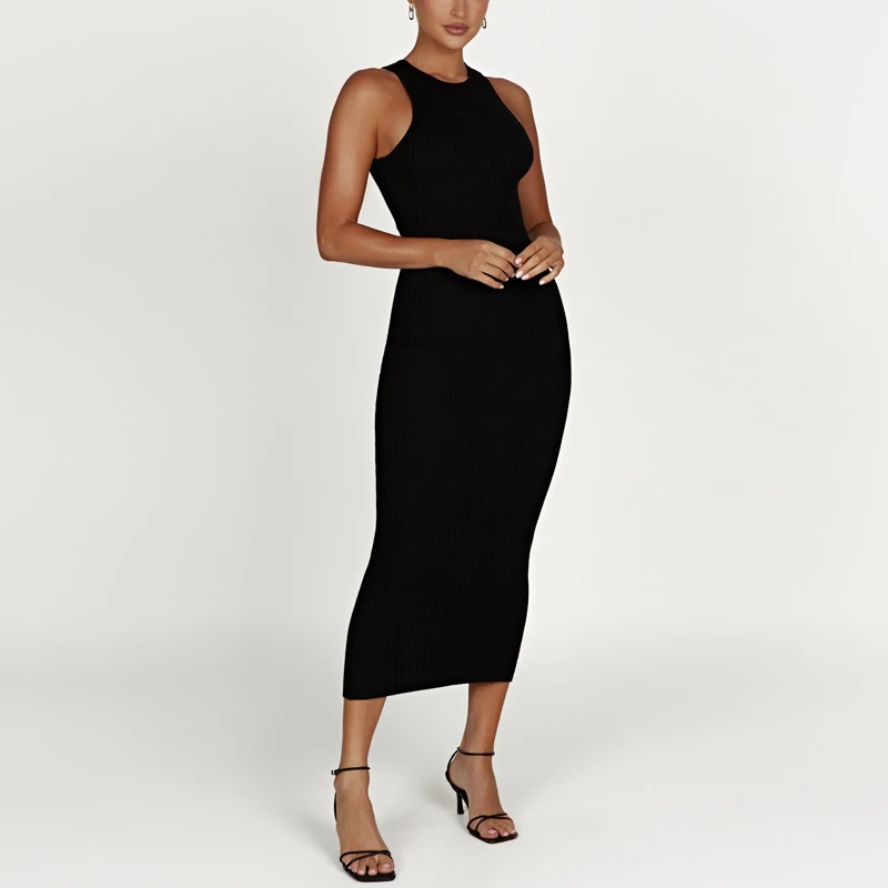 Custom High Quality Casual Sleeveless Midi Long Knit Ribbed Bodycon Dress Cotton Tank Top Black