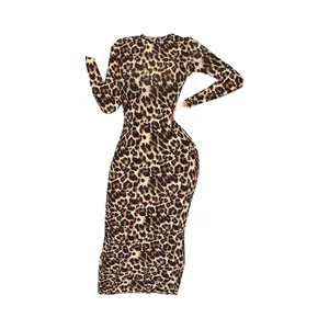 Women's Leopard Print Chiffon Long Sleeve Bodycon Dress-Midi Casual Club Party Regular Fit Natural Hem Front Logo Autumn
