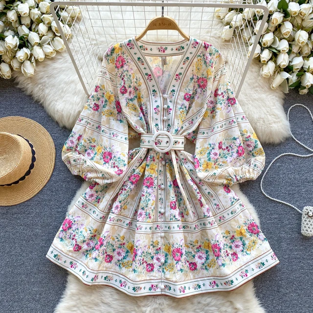 ZT1260 Vintage printed banquet dress bubble sleeve stand collar short style dress woman