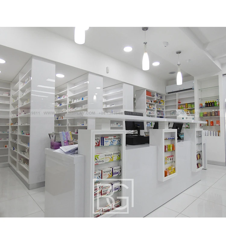 Custom Wooden Showcase Medical Store Furniture Shelving Medical Shop