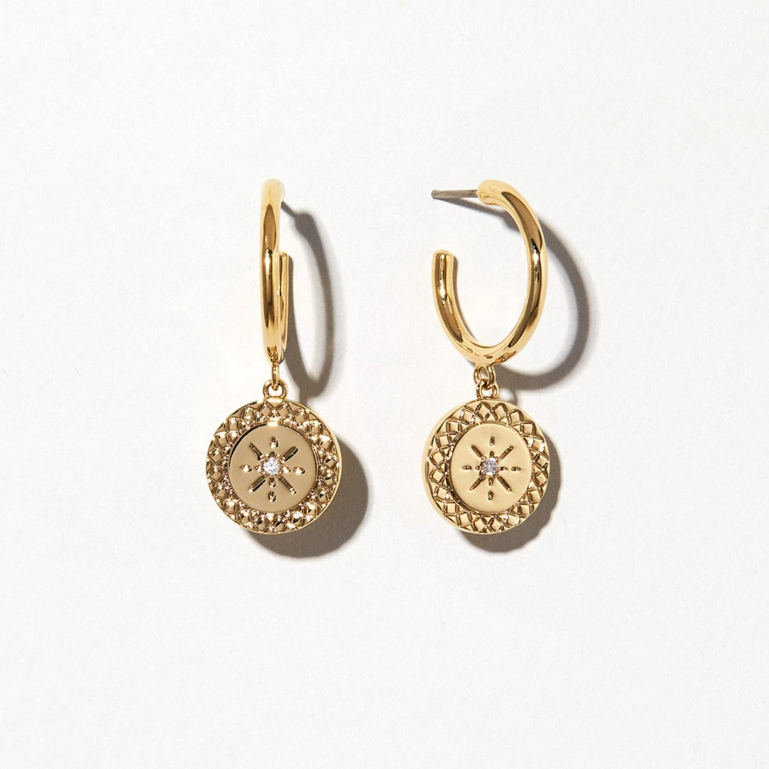 EH2150 Stars Coin Hoop Earrings, Gold Stainless Steel