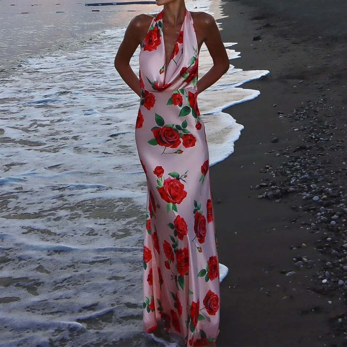 Floral Printed Bodycon Sexy Nightclub Party Cheongsam Dress Halter V Neck  Slim Casual High Waist Elegant Maxi Dress