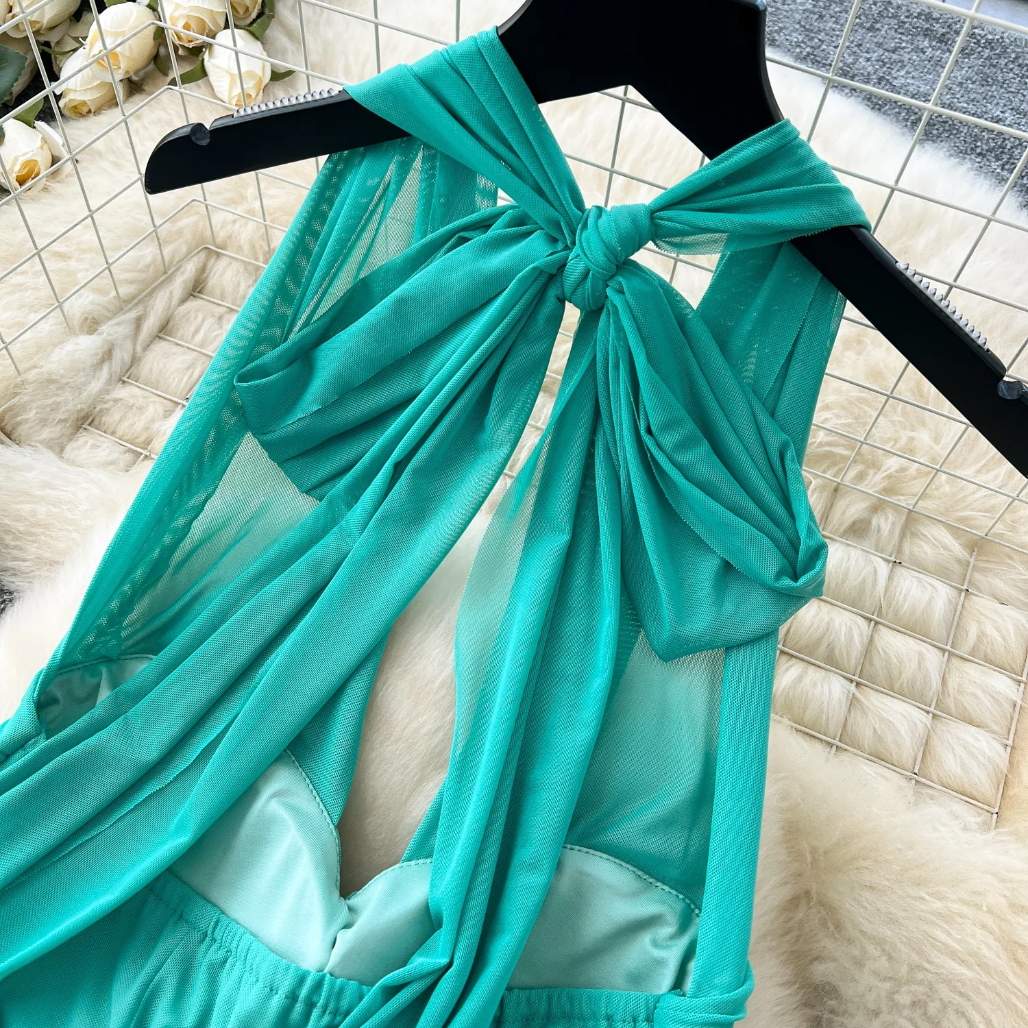 Summer Beach Vacation Fairy Dresses Woman Temperamental Intersect Diamond  A-line Halter Dresses Long Prom Dress