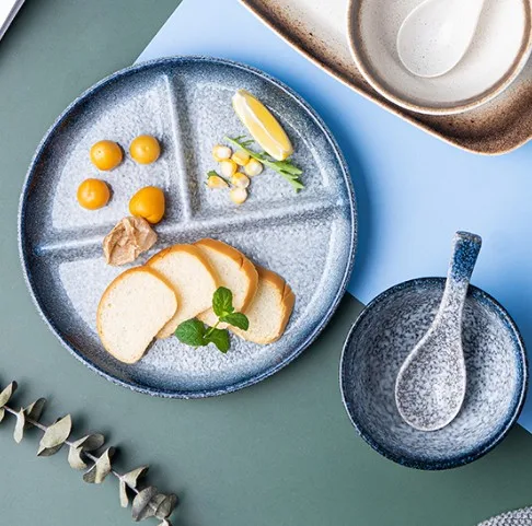 for Dumpling Fruit Sushi,Blue LANGTAO Ceramic Dessert Plate Multi Function Dual Purpose Disk Safe Tasteless Dinnerware Dish Dinner Plates with 2 Compartments Sauce Dividing Plate