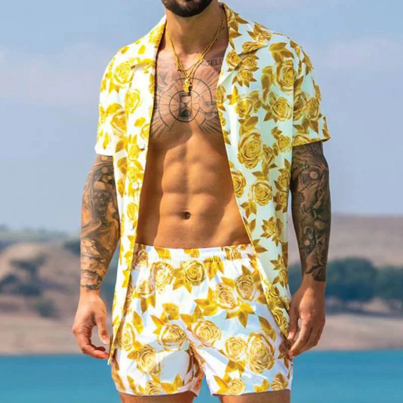 Мужские рубашки с принтом пальмы Aloha мужские тканые коротким рукавом и отложным воротником Товары в