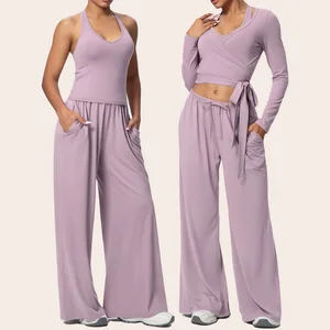 Women Yoga 3 Piece Set Halter Crop Top Wide Leg Pants Long Sleeve Top Activewear Workout Outfits Lounge Sports Gym Clothing