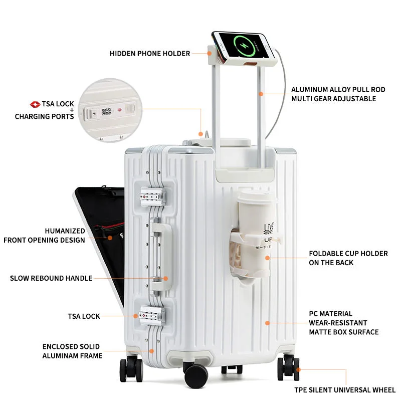 18 20 24 26 Inch Aluminum Frame Suitcase Set TSA Lock USB Port Boarding Luggage Spinner Wheels and Front Open Design