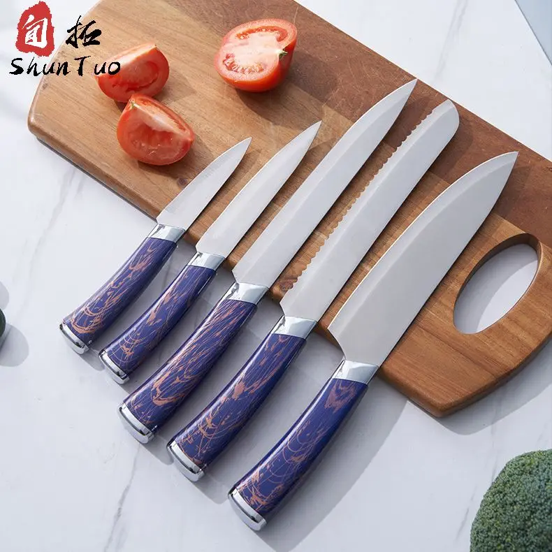 High Quality Transparent Color 3cr13 Kitchen High Carbon Stainless Steel Meat Kebab Messer Chef Cutter Knife Set with Holder