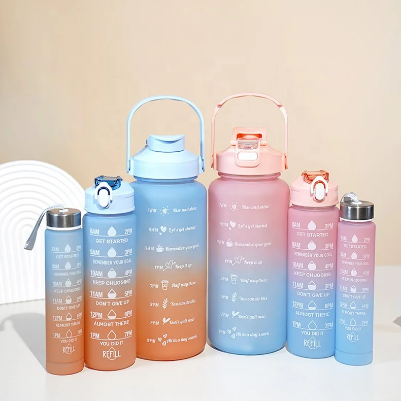 Large Capacity  2l Motivational Gradient Color 300ml 750ml 3 in 1 Set Gym Water Bottle With 2 in 1 Lid With Straw and Handgrip