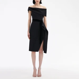 ZYHT 74001 Off Shoulder Solid Black Knee Length Ruched Ruffle Short Sleeve Summer Office Career Women Lady Dress