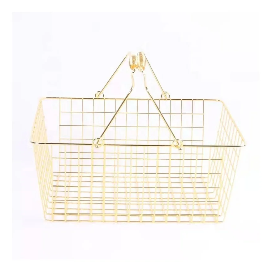 Gold Stackable Wire Mesh Basket Shopping Storage Basket with Double Handle