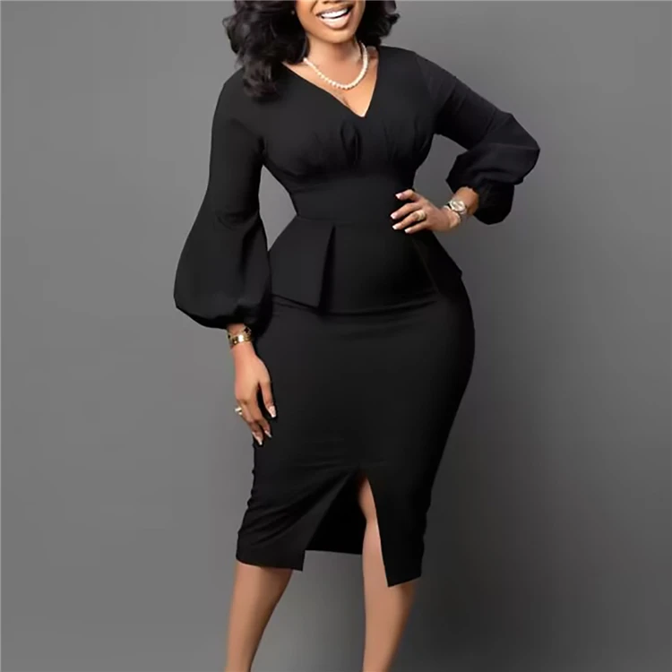 No MOQ Elegant Plus Size Formal Peplum Dress for Women - Midi V-Neck Black  Church Dress with Lantern Sleeves