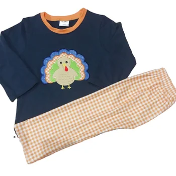 Thanksgiving Day Girls Kids Boutique Clothing Sets Long Sleeve T-shirt Embroidery Turkey 2Pcs Set