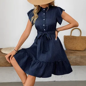 Summer Ladies Casual Maxi Dress Floral Print Polka Dot Lace-up Design Button Decoration New Style XL Size Natural Front