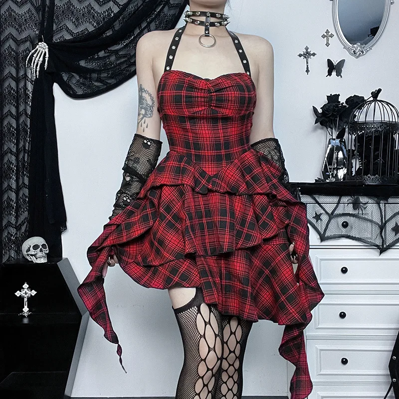 Goth Lolita Red Plaid Dress Women Streetwear Harajuku Punk Y2k High Waist  Irregular Dress Partywear