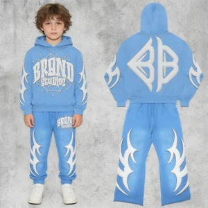 Wholesale New Arrivals Custom Logo 100% Cotton Kids Zipper Hoodies and Flare Pants 2 Piece Boys Clothing Set Casual Sweatsuit