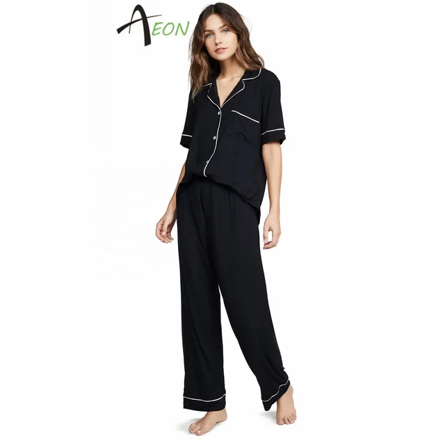 Women Modal Cotton Bamboo PJ Customization Lounge wear Pyjama  Short Sleeve & Pant PJ Set For Men