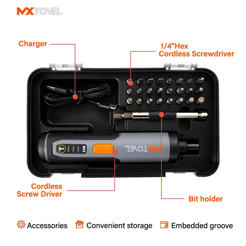 MXTOVEL Electronic Torque Adjustment Function Electric Screwdriver USB Type C Charger Cordless Screwdriver Set