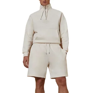 Men's Casual 100% Cotton Half Zip Sweatshirt and Drawstring Shorts Set with Custom Logo Embroidery