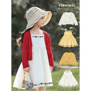 YOEHYAUL X4980 Summer Girl Thin Cardigan Halter Dress Set Cotton Colorful Embroidered Lyocell Cardigan Dress Set for Children