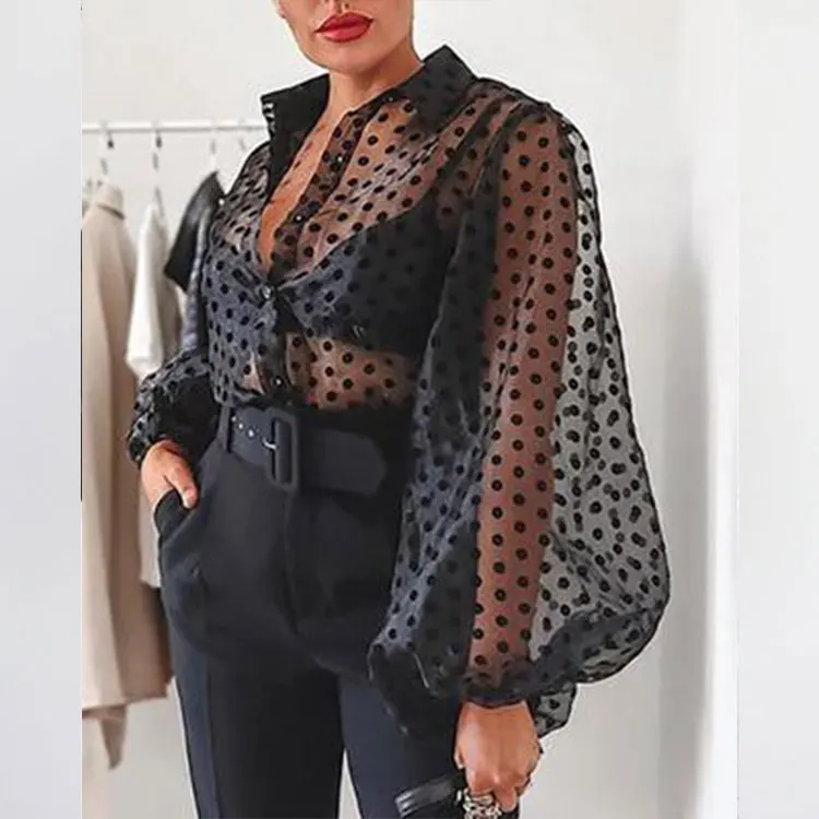 时尚女装夏季网眼衫透视圆点长袖休闲衬衫上衣黑色蕾丝极度宽松罩衫