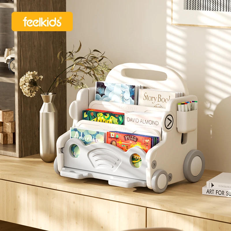 Feelkids Car Shape Plastic Cabinet Toy Shelf Book Clothes Cabinet Toys Organizer Storage Racks with Wheels for Kids Room