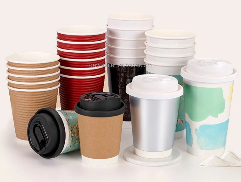Dayu Custom High Quality Disposable Ripple Wall Coffee Cups with lids for coffee hot drink Recyclable  Compostable paper cups