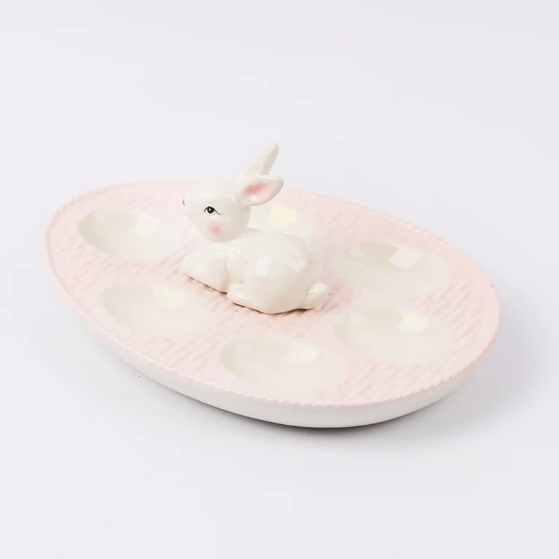 Easter Rabbit Ceramic 6 Compartment Egg Holder Plate Carrier Deviled Egg Serving Plate Tray