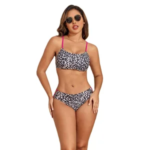 Leopard Print Two Piece Bikini Set for Women Sexy Hollow Out Backless Breathable Spandex/Polyester Swimwear for Beach and Pool