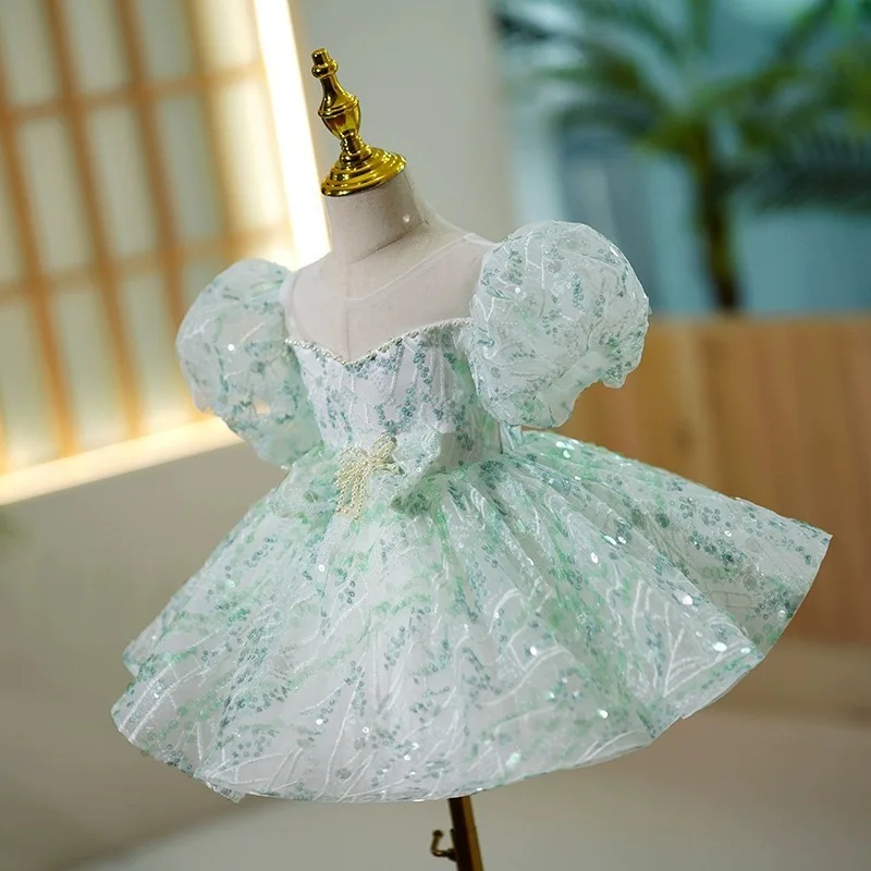 Mint Green Sequined Elaborate Baby Kids Christmas Party Gown