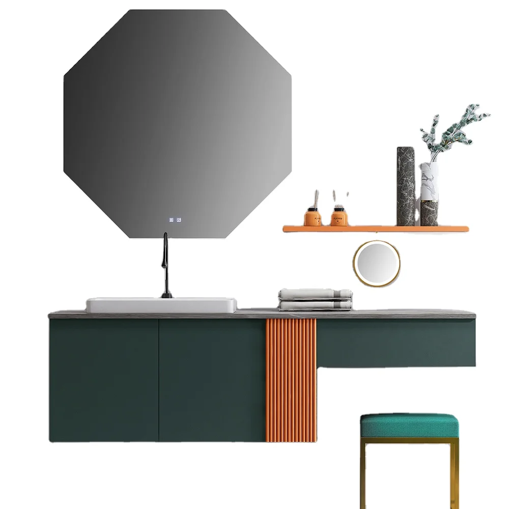 Contemporary Floating Vanity Multifunctional Accessory Set Sintered Stone Countertop Green Finish Bathroom Cabinet