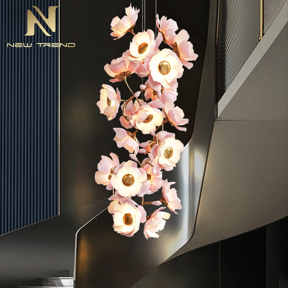 CPL-272 Natural Style Indoor Inspired Lamp Villa Apartment Living Room Staircase Ceramic Flower Wedding LED Chandelier Light
