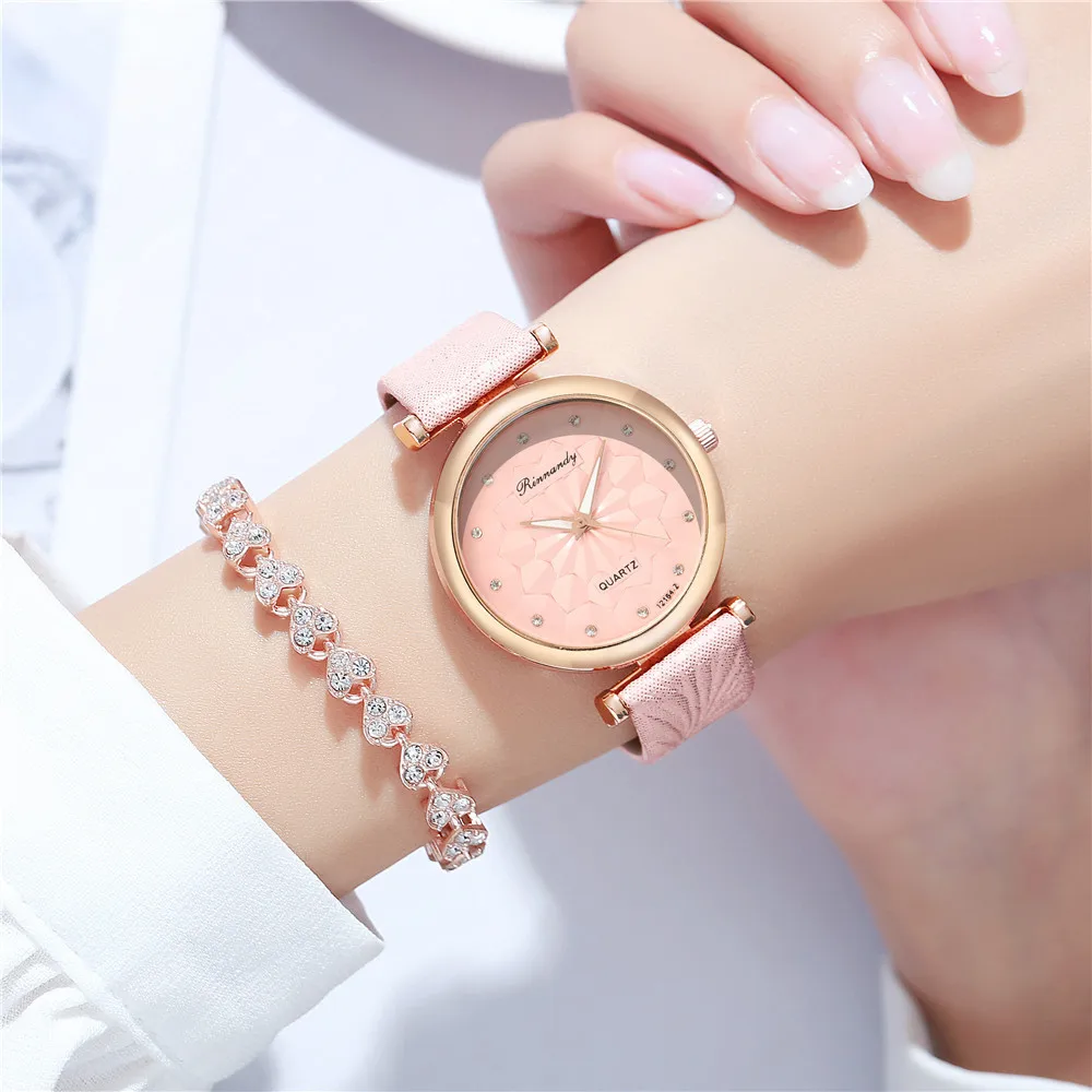 Montre Femme Gerryda - Cadre Or Rose 44 Mm, Bracelet Cuir Noir, Quartz, Style Robe