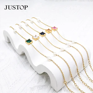 14k Gold Plated Square Wave Chain Combination Zircon Pendant Bracelet Stainless Steel Colored Zircon Emerald Bracelet for Women