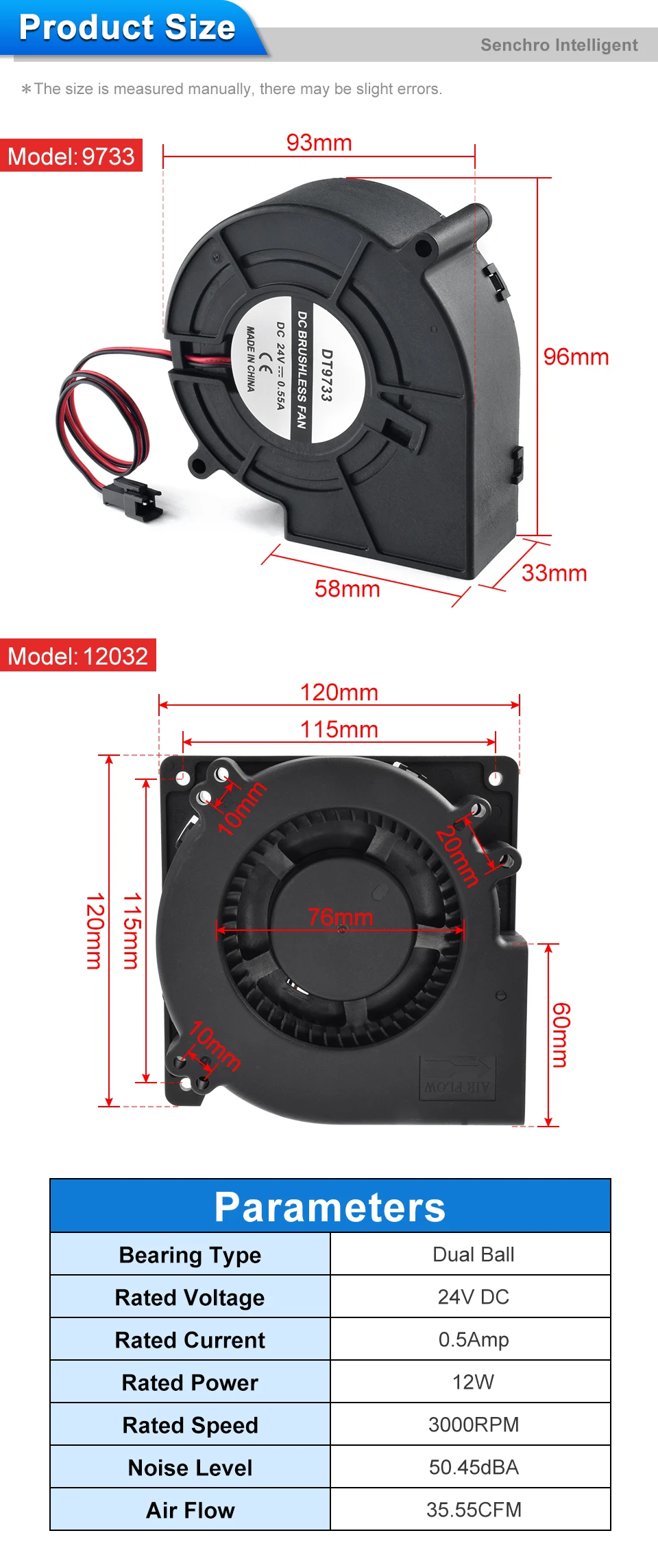 Centrifugal Blower, 97x97x33mm, 9733, 24V, Brushless - detail 4