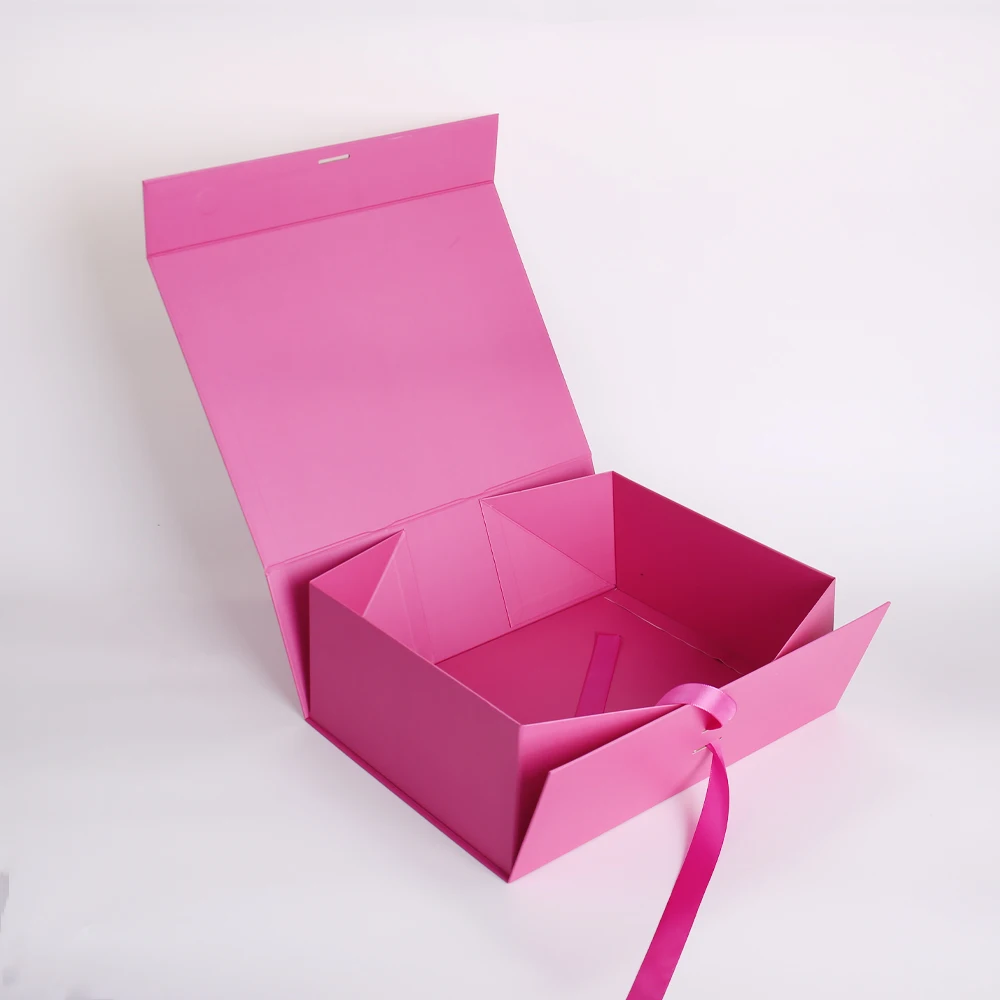 Customizable Luxury Rosy Folding Magnetic Paper Box Embossing Ribbon Gift Packaging for Cosmetics Shoes (Recycled Materials