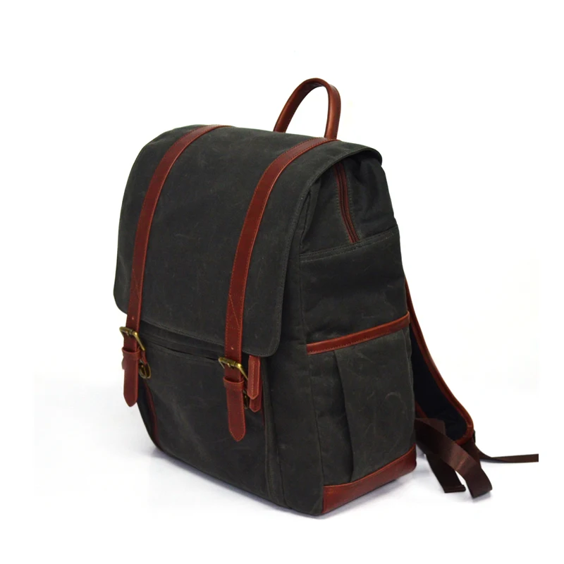 mens waxed canvas camera backpack with leather trimming