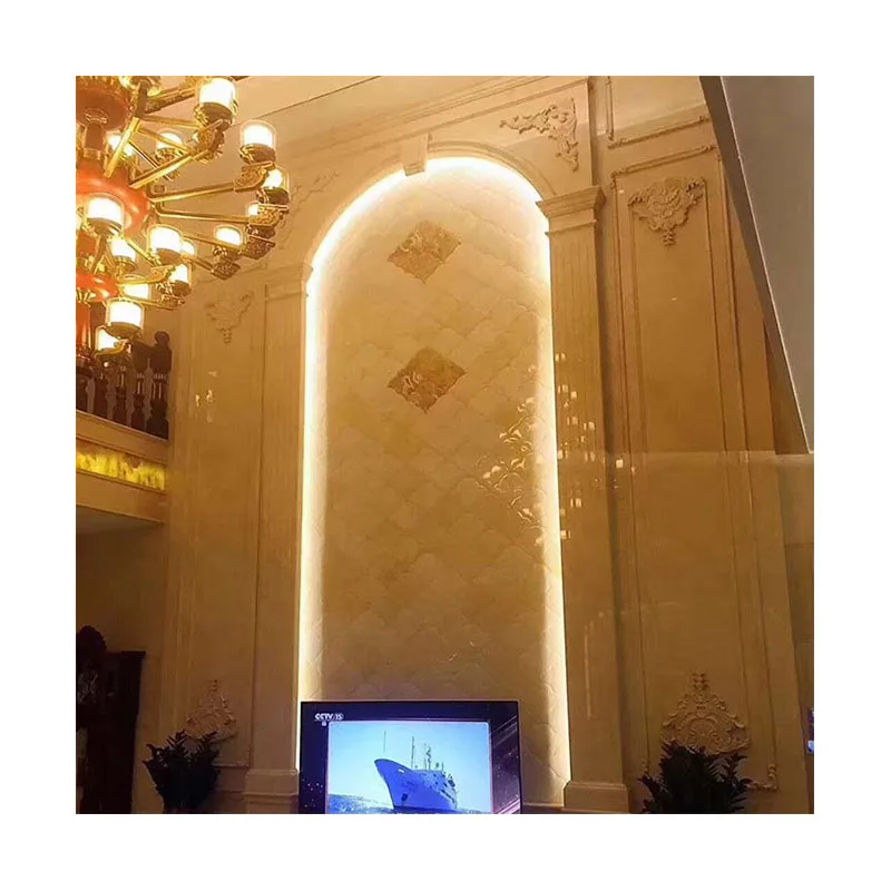 Lastra in marmo beige per villa e abitazione privata, rivestimento murale per soggiorno interno con illuminazione retrostante