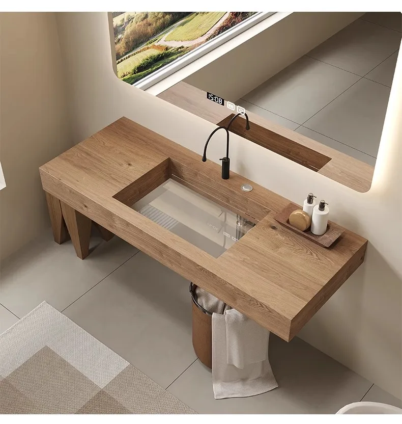 product waterproof bathroom cabinet transparent glass bottom suspended rock board bathroom fluted cabinet washbasin combination-12