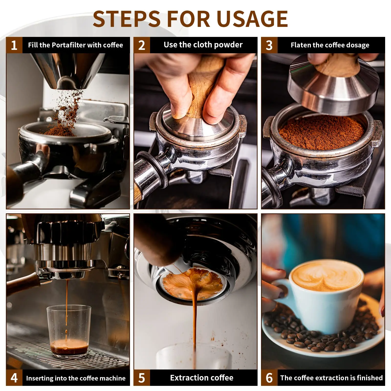 Portafiltro per Caffè Senza Fondo 51mm 54mm 58mm, Strumento per Filtro Espresso con Manico in Legno e Plastica ABS, Testa in Acciaio Inox a 2/3 Orecchie