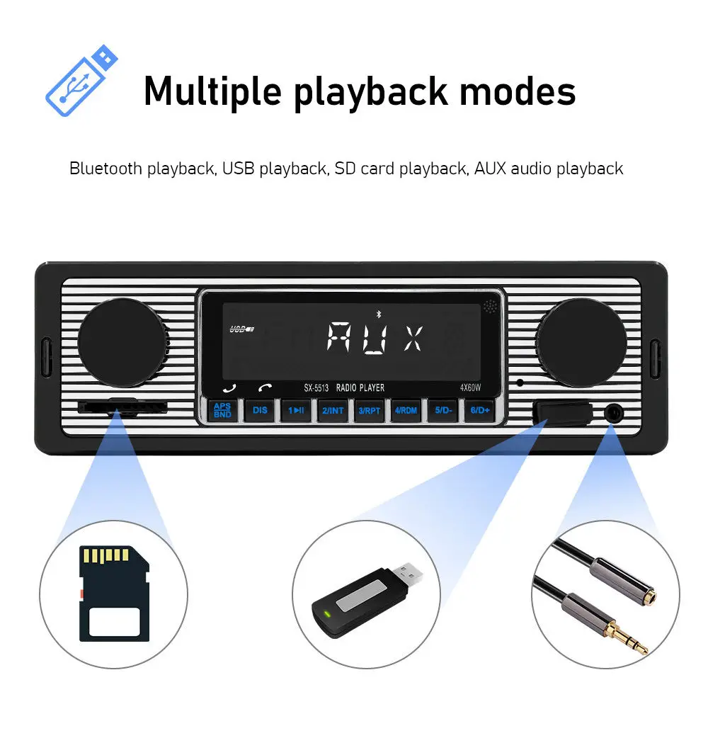 1 Din Plastic Car MP3 Radio with BT Handsfree FM/SD Power Protection AUX USB Multimedia Player WAV Audio Format Voice Broadcast