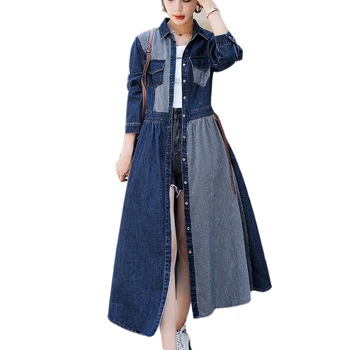 Autumn new style Denim patchwork stripe belt side pocket large hem Long Sleeve Shirt Dress