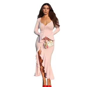New Women's High Street Party Fashion Sexy Bell Sleeves Plunge Neck Midi Slim-fitted Asymmetrical Ruffle Bottom Single-Breasted